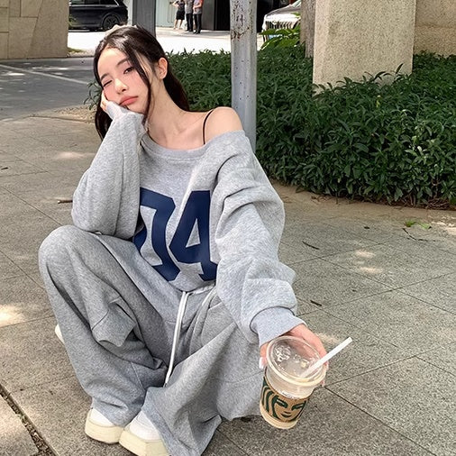 スウェット セットアップ レディース 韓国 ファッション オフショル オーバサイズ トレーナー スウェットパンツ 上下セット ナンバーロゴ プリント
