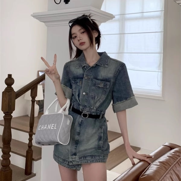 デニム オーバーオール レディース ミニワンピ 韓国 デニム シャツ ワンピース 夏 半袖 レトロ かわいい ダメージ加工