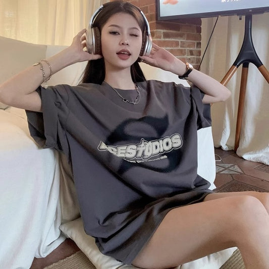 ロゴ グラフィック ビッグTシャツ レディース 韓国 ファッション 90's tシャツ オーバーサイズ