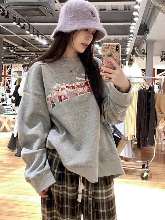 ロゴ トレーナー レディース 韓国 ファッション チェック ビッグシルエット ロゴ スウェット シャツ