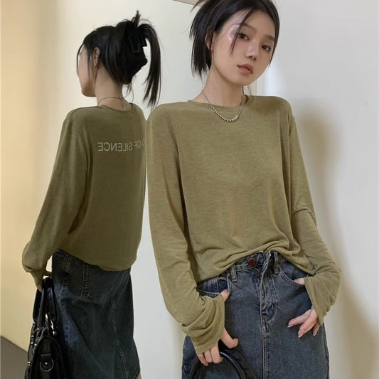 バック ロゴ ロンT レディース 韓国 ファッション ロングTシャツ 透け感 オーバーサイズ 長袖 T