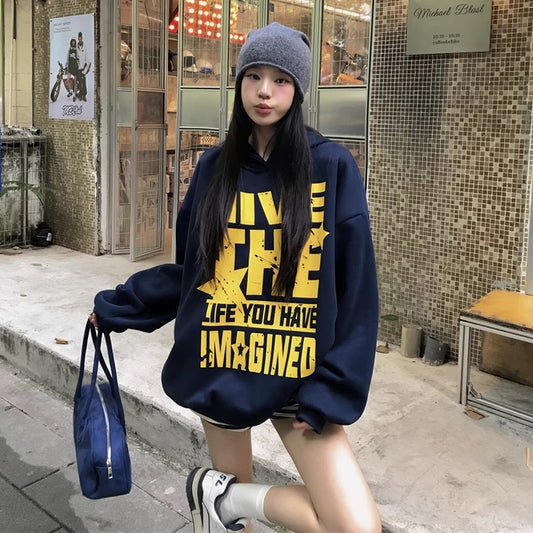 プリント グラフィック パーカー レディース 韓国 ファッション ビッグシルエット プルオーバー フードシャツ 秋冬トップス ストリート