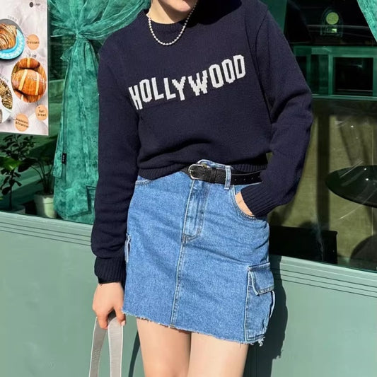 ロゴ ニット レディース 韓国 ファッションクロップド セーター 秋冬 トップス アメカジ ショート丈