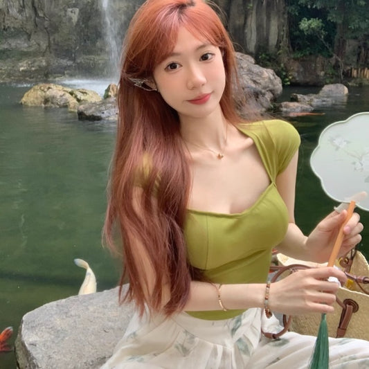 バックホール サマー カットソー レディース 韓国 ファッション 背中みせ フレンチスリーブ クロップド T