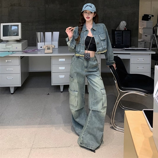 デニム セットアップ レディース ヴィンテージ加工 カーゴワイドパンツ デニムジャケット 上下セット 韓国 ファッショ クロップド丈 レトロ ダメージ 加工