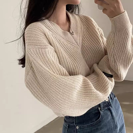 ニット レディース ショート丈 韓国 クロップニット Vネックカラバリ オーバーサイズ