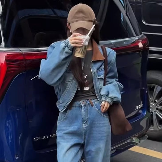 デニム セットアップ レディース クロップド ブルゾン パンツ 上下セット 韓国 ファッション ユーズド加工 デニムオンデニム