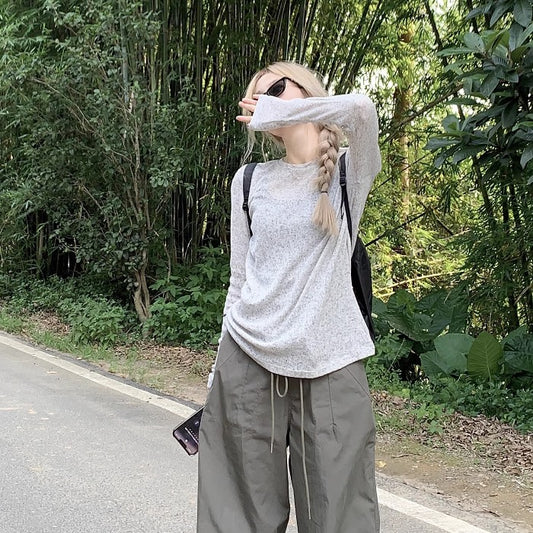 シースルー ニット ロンT シアー トップス 韓国 ファッション ストレッチ リブニット ロングtシャツ