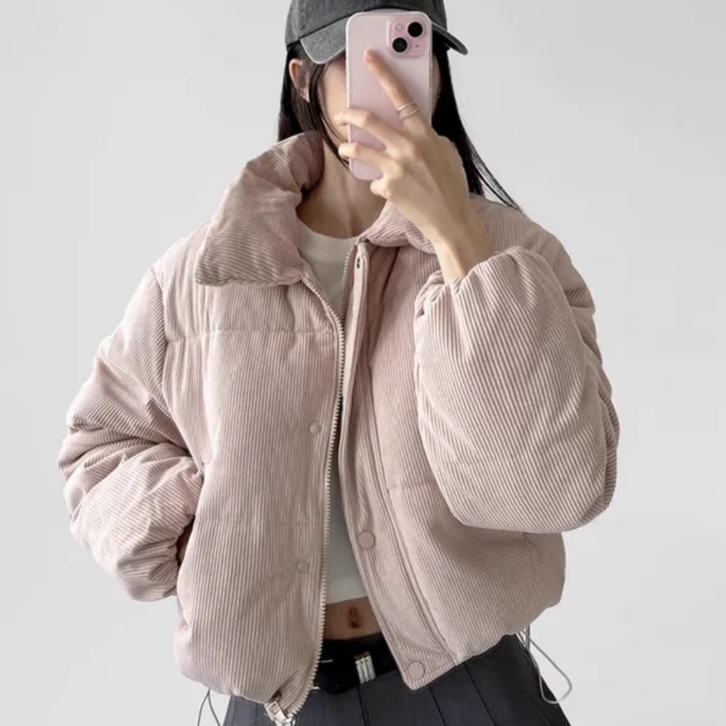 コーデュロイ エコダウン ジャケット レディース ショート丈 ボリューム クロップ ダウン 韓国 アウター 冬