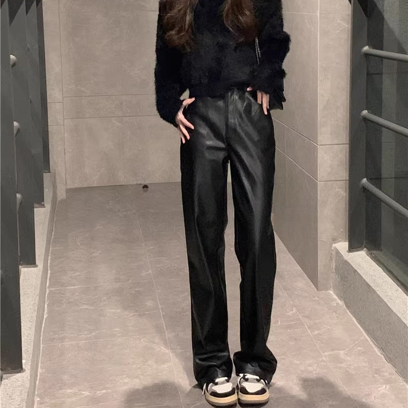 フェイクレザー パンツ レディース 韓国 ファッション エコレザー 黒パンツ トレート レザーパンツ