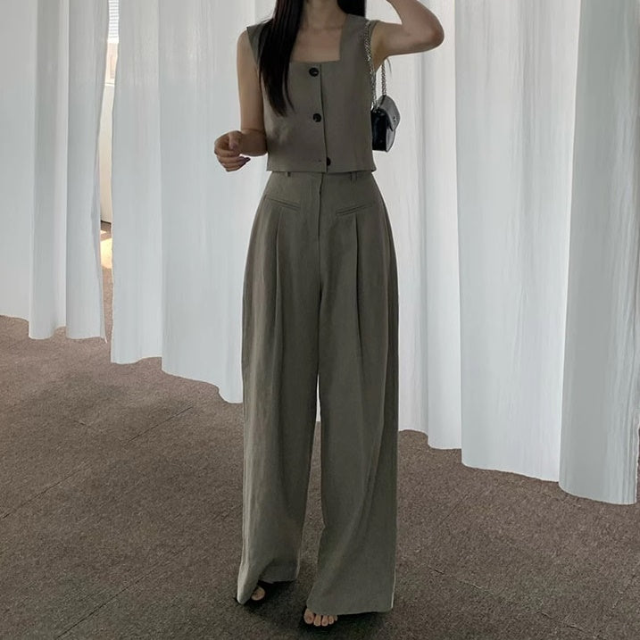 ノースリーブ セットアップ レディース 夏 韓国 ファッション きれいめ ワイドパンツ ノースリーブ 上下セット