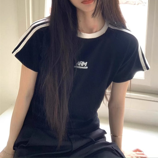 スポーティー ライン クロップド Tシャツ レディース 韓国 ファッション クロップド ロゴマーク リンガーT