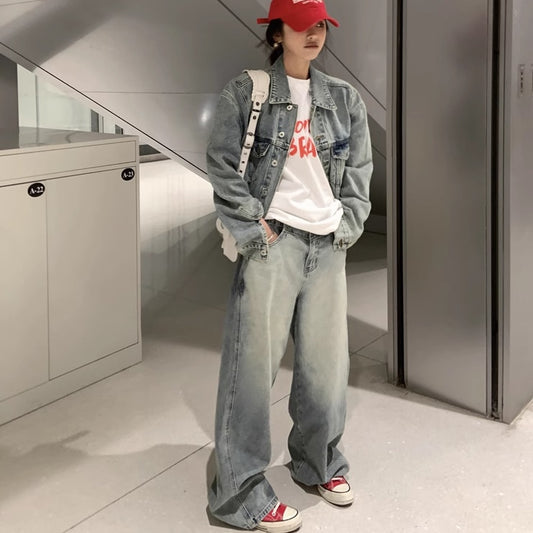 デニム セットアップ レディース ジャケットパンツ 上下セット 韓国 ファッション ライトブルー ヴィンテージ加工