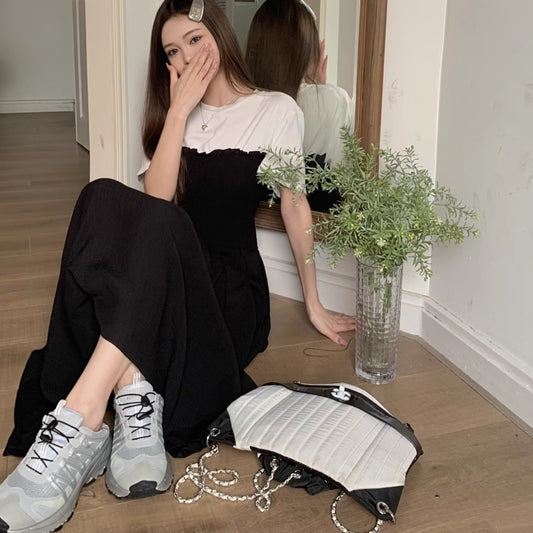 ドッキング ロング ワンピース 韓国 ファッション レディース Tシャツ チューブトップ 切替 ワンピース フレア Aライン ロングワンピース