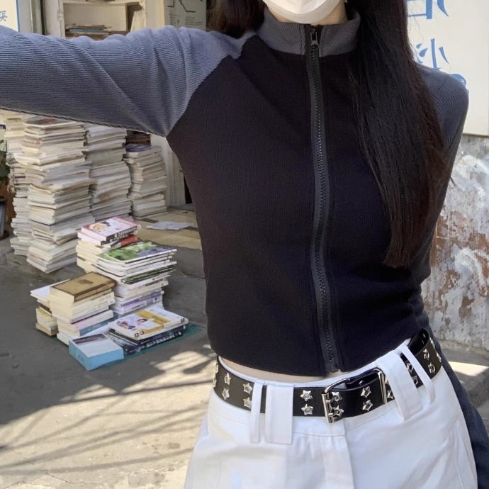 クロップド ジップアップ トップス レディース 韓国 バイカラー ミニマム ストレッチ リブ素材 ショート丈 ジップトップ