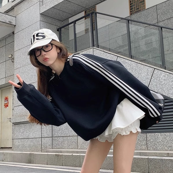 ライン トレーナー レディース 韓国 ファッション ビッグシルエット サイドライン スウェット トップス スポーティー