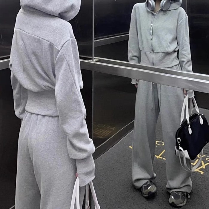 セットアップ レディース スウェット クロップドパーカー & ワイドパンツ 上下セット 韓国 ファッション ジップアップ ジップパーカー