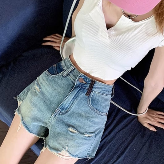 デニム ショートパンツ レディース 韓国 ファッション ロゴパッチ バックポケット ダメージ加工 クラッシュ デニム ショートパンツ