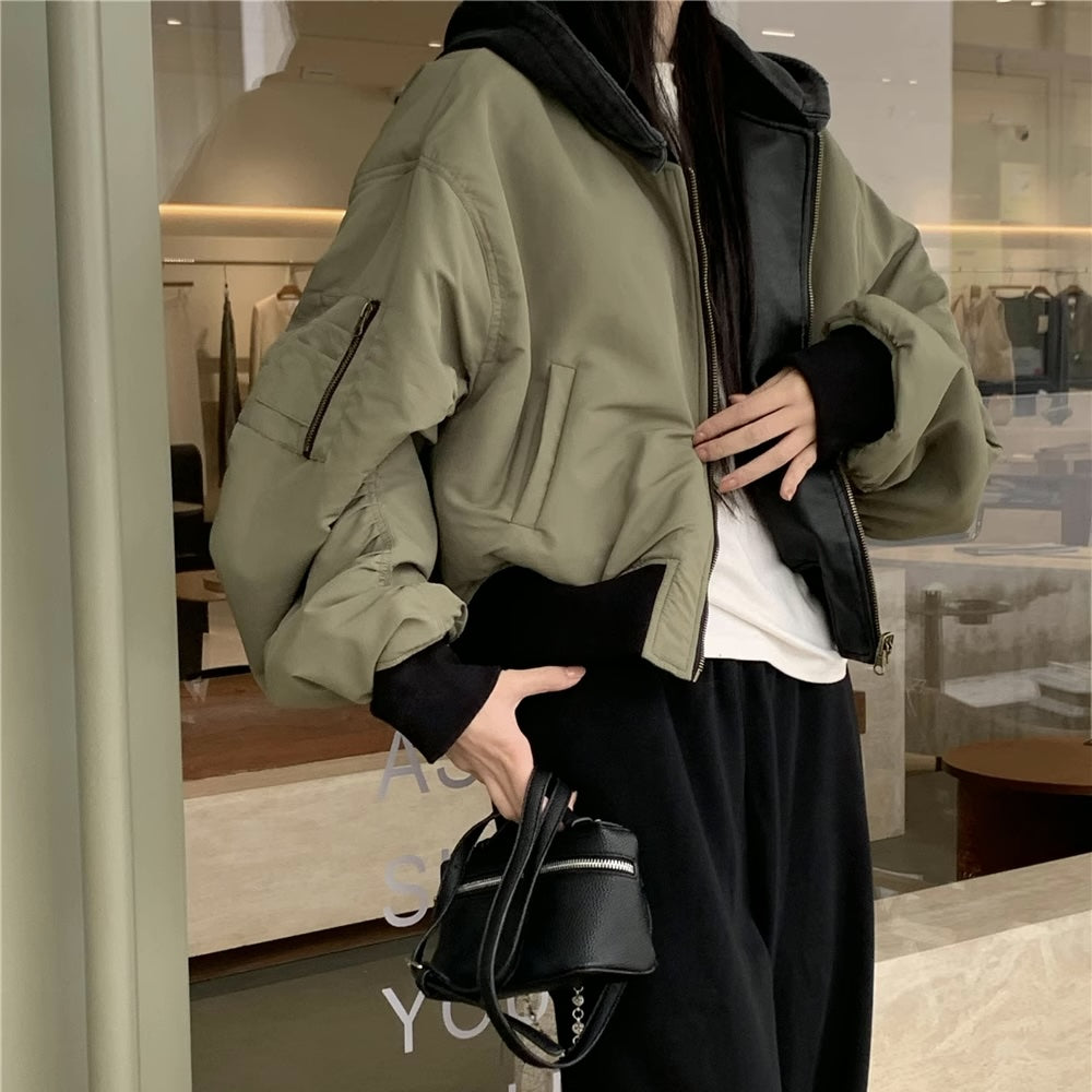 リバーシブル エコレザー ミリタリー ブルゾン レディース 中綿 フード ドッキング アウター 韓国 ファッション リバーシブル パーカージャケット クロップ丈 ジップアップ オーバーサイズ パテッドジャケット