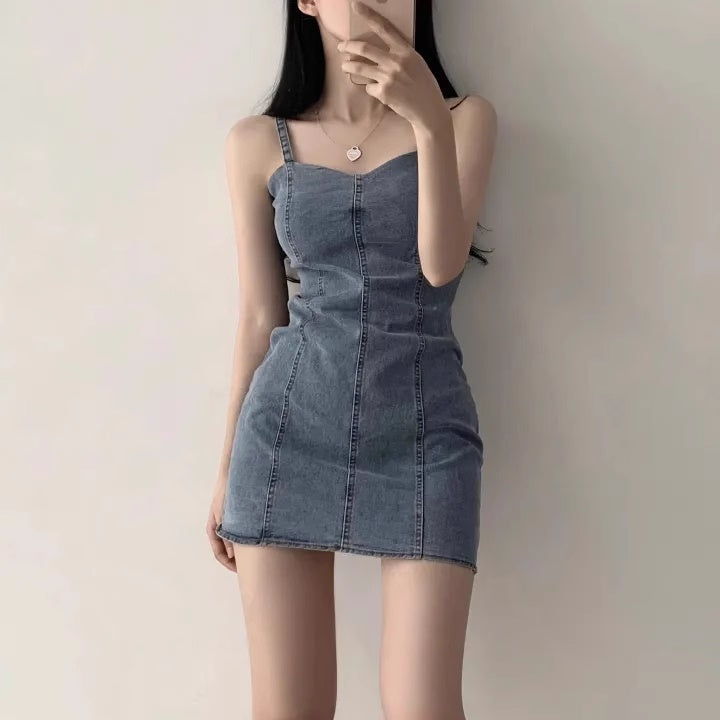 デニム ミニワンピース 夏 キャミワンピ 韓国 ファッション ノースリーブ タイト ワンピース