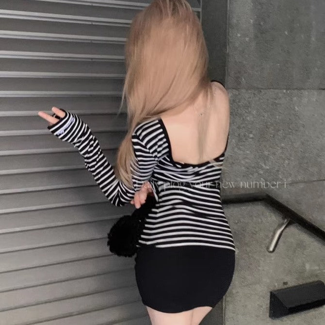 ボーダー ロンT レディース ストレッチ カットソー 韓国 ファッション バックシャン 背中見せ ロング袖 細ボーダー