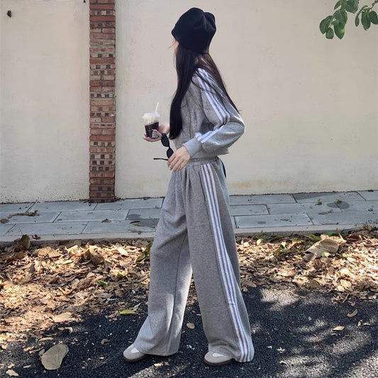 ライン スウェット セットアップ レディース 韓国 ファッション ジャージ 上下セット ジップブルゾン ワイドパンツ