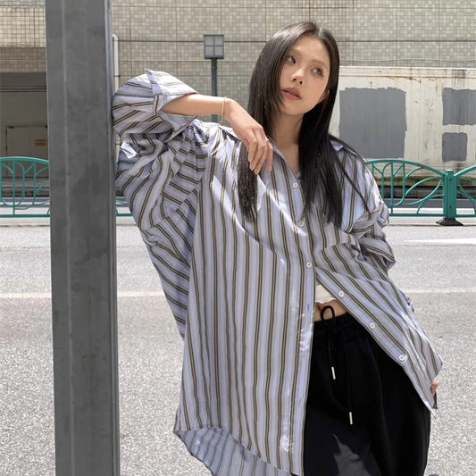 ストライプ ビッグシャツ レディース 長袖 シャツ オーバーサイズ 韓国 ファッション ロング丈 トップス