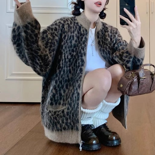 ヒョウ柄 モヘア調 カーディガン レオパード レディース 韓国 ファッション ヒョウ柄 ジップアップ ニットアウター アニマル スタンドネック 柄ニット