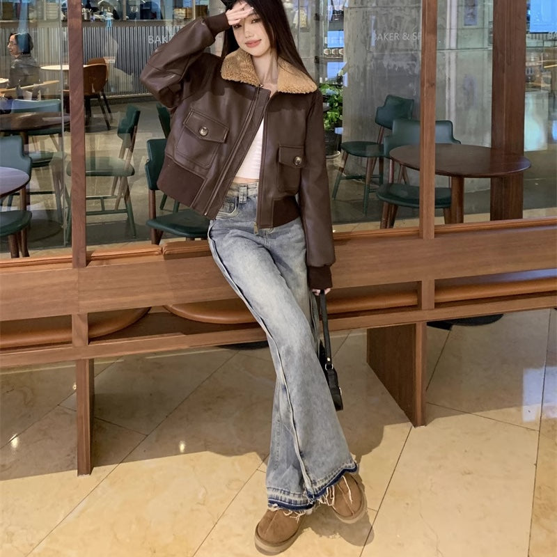 フェイクレザー ジャケット 襟ボア レディース 韓国 ファッション ジップジャケット エコレザー ボアブルゾン