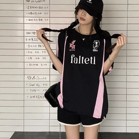 ユニフォーム Tシャツ レディース 韓国 ロゴ プリント カラーブロック スポーティー オーバーサイズ T – geeg