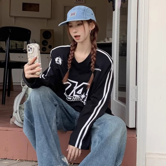 ライン グラフィック ロンT レディース 韓国 スポーティ ロングTシャツ ナンバー ロゴ 袖ライン オーバーサイズ