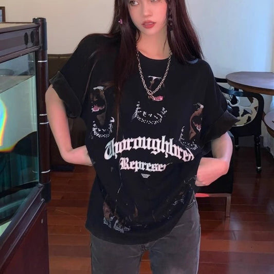 グラフィック Tシャツ レディース 韓国 ファッション アニマル プリント tシャツ ワイルド オーバーサイズ ビッグT