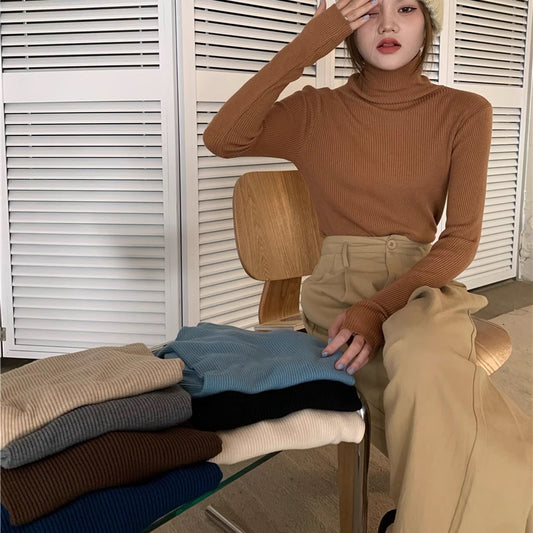 ハイネック ニット レディース 韓国 ファッション 指ぬき サムホール カラー豊富 リブニットソー
