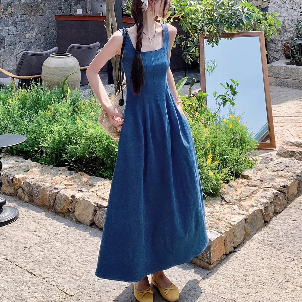 デニムワンピ デニム ワンピース 韓国 夏 Aライン フレア ノースリーブ ロングワンピース スクエアネック – geeg