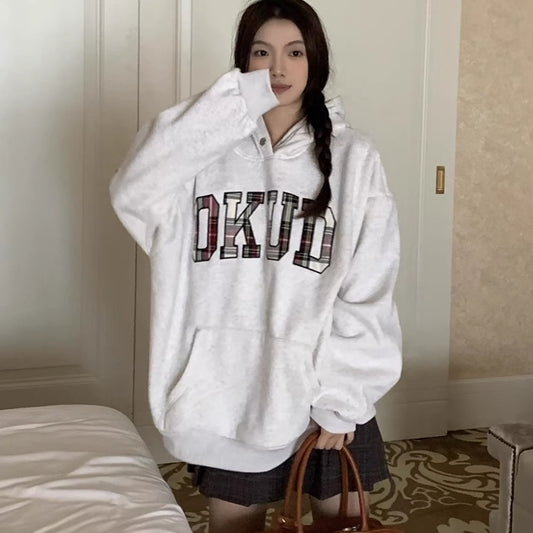 チェック ロゴ パーカー レディース 韓国 ファッション トップス オーバーサイズ スウェット フーディー ストリート