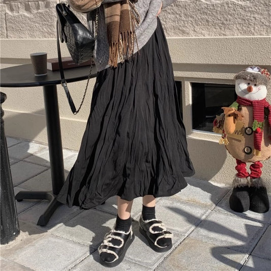 しわ加工 プリーツ ロングスカート 秋冬 レディース 韓国 ファッション ボリューム スカート 白/黒/ピンク