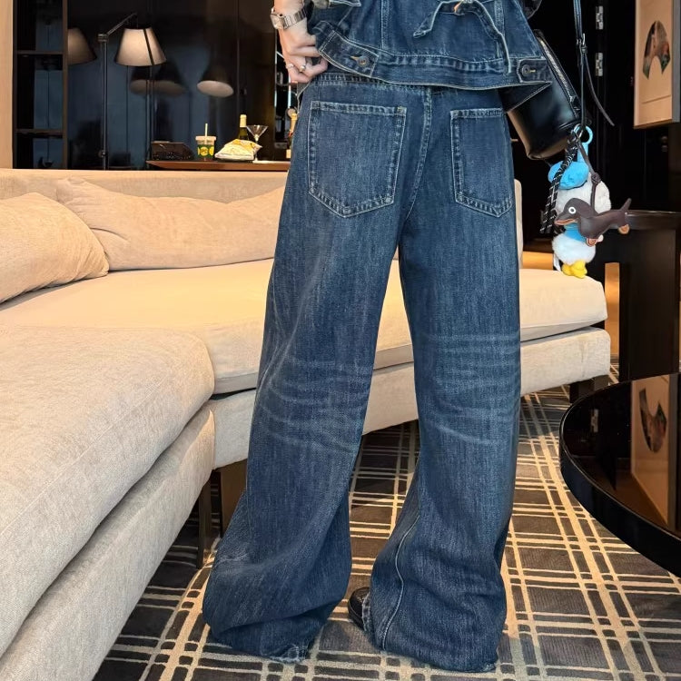 デニム セットアップ レディース 韓国 ファッション Gジャン デニムパンツ デニムジャケット インディゴ レトロ ユーズド加工 ダメージ ジーンズ 上下セット