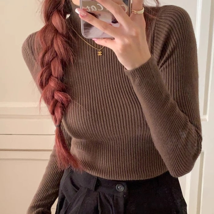 ハイネック ニット レディース 韓国 ファッション 選べる カラー タイト ストレッチ リブニット 冬 トップス