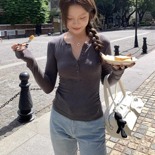 タイト リブカットソー ハーフボタン 長袖 レディース 韓国 ファッション ロンT タイトフィット トップス