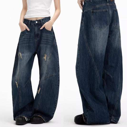 デニム ワイドパンツ レディース 韓国 ファッション クラッシュ ダメージ加工 3Dカット ジーンズ