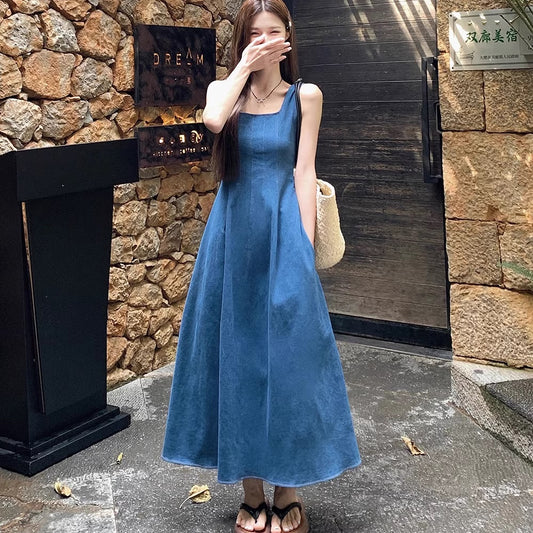 デニム ワンピース 韓国 夏 Aライン フレア ノースリーブ ロングワンピース スクエアネック