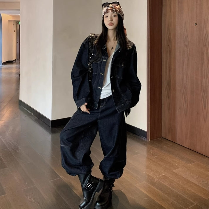 デニム セットアップ レディース 韓国 ファッション オーバーサイズ Gジャン ワイド デニムパンツ インディゴデニム 上下セット