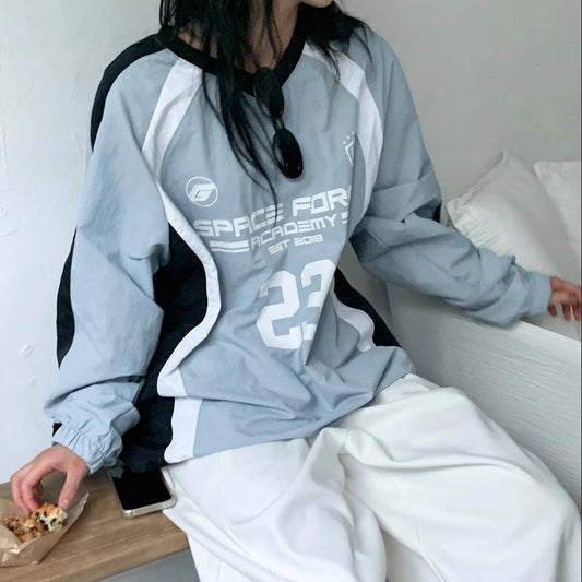 ナイロン ロングTシャツ レディース 韓国 ファッション プルオーバー 袖ライン ナンバーロゴ バイカラー ゲームシャツ スポーティー ストリート オーバーサイズsutori-to