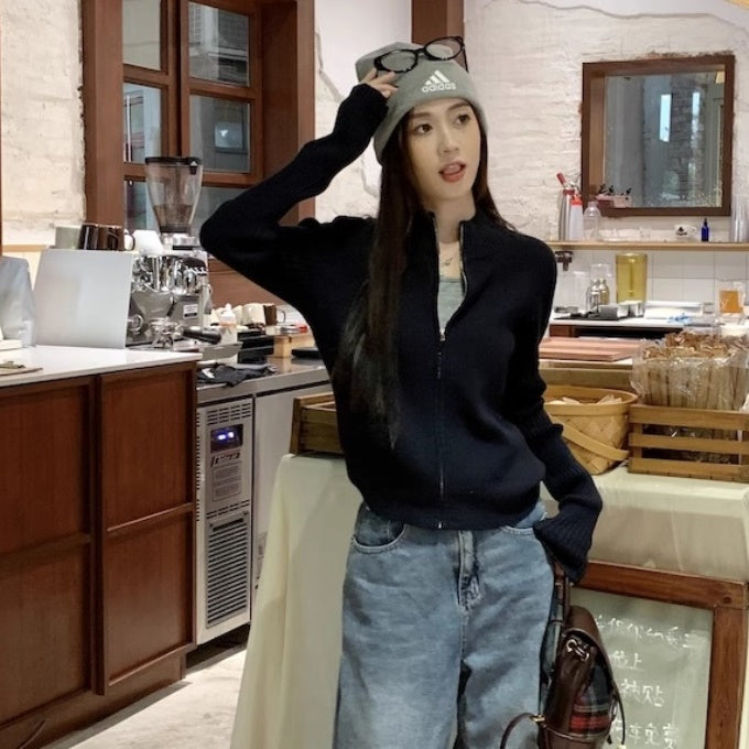 ジップ ニット カーディガン レディース ショート丈 韓国 ファッション ジップアップ セーター 長そで 秋冬 トップス スリムフィット