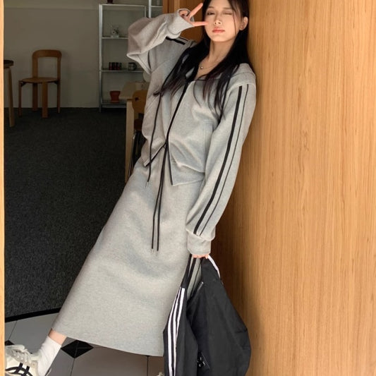 スウェット ジャージ ロングスカート セットアップ レディース 韓国 ファッション ダブルジップ パーカー ロングスカート サイドライン 上下セット