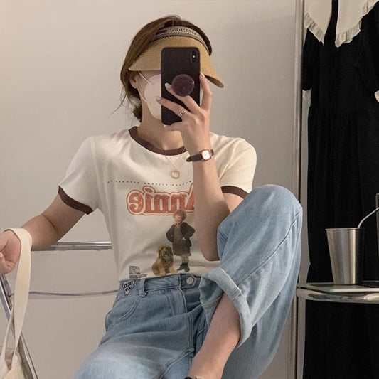 リンガーTシャツ レディース プリント T 韓国 ファッション 半袖 パイピング レトロ わんこ ガーリー カジュアル