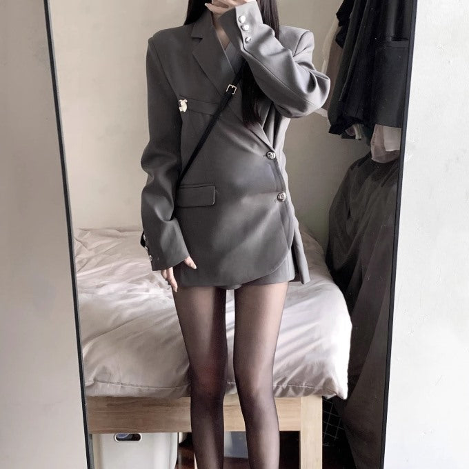 ダブル ロング ジャケット レディース 韓国 ファッション テーラードジャケット アシメ サイドボタン 秋 アウター
