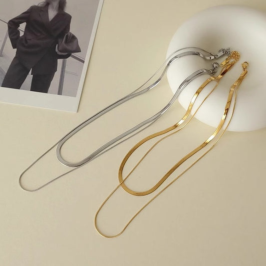 ダブル 2連 ネックレス レディース 韓国 ファッション アクセサリー 軽量 ネックレス ゴールド シルバー 調節留め具 フラットスネイクチェーン