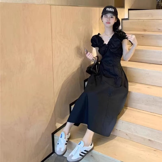 ワンピース 韓国 Vネック レディース 韓国 ファッション フレンチスリーブ フリル 黒 ロングワンピース 夏