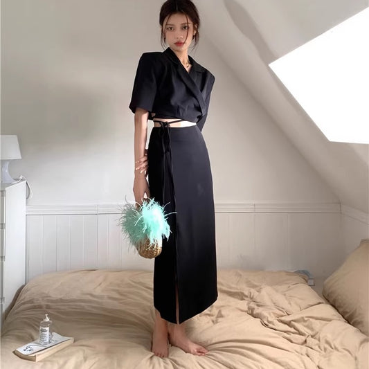 セットアップ レディース 韓国 クロップド ジャケット クロスデザイン ハイウエスト スリットスカート カジュアル スーツ 上下セット